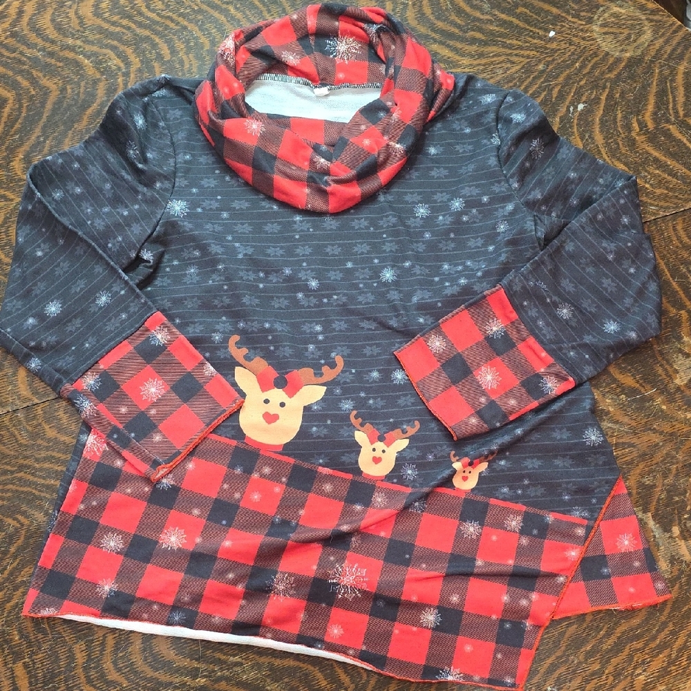 Christmas Reindeer Cowl Neck, Red and Black Plaid‎ Accents Long Sleeve Top